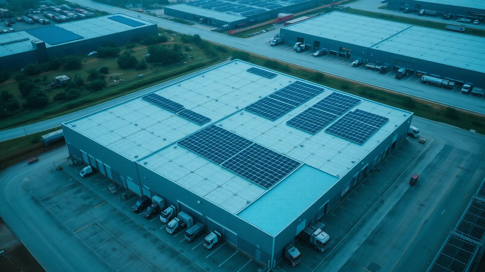 Vista aérea de infraestrutura logística com painéis fotovoltaicos em cobertura